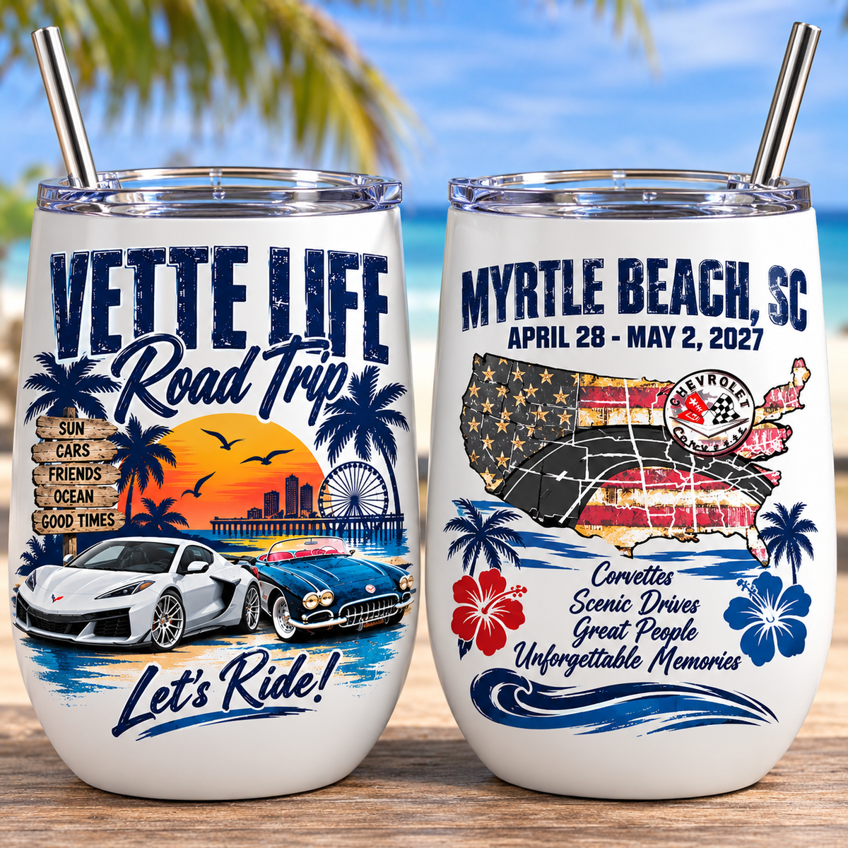Vette Life Road Trip Commemorative Wine Cup with Straw
